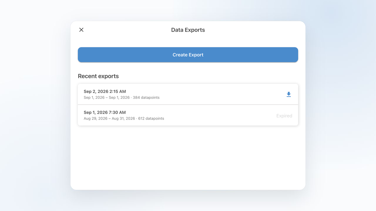 The Data Exports screen with a completed download and an expired export