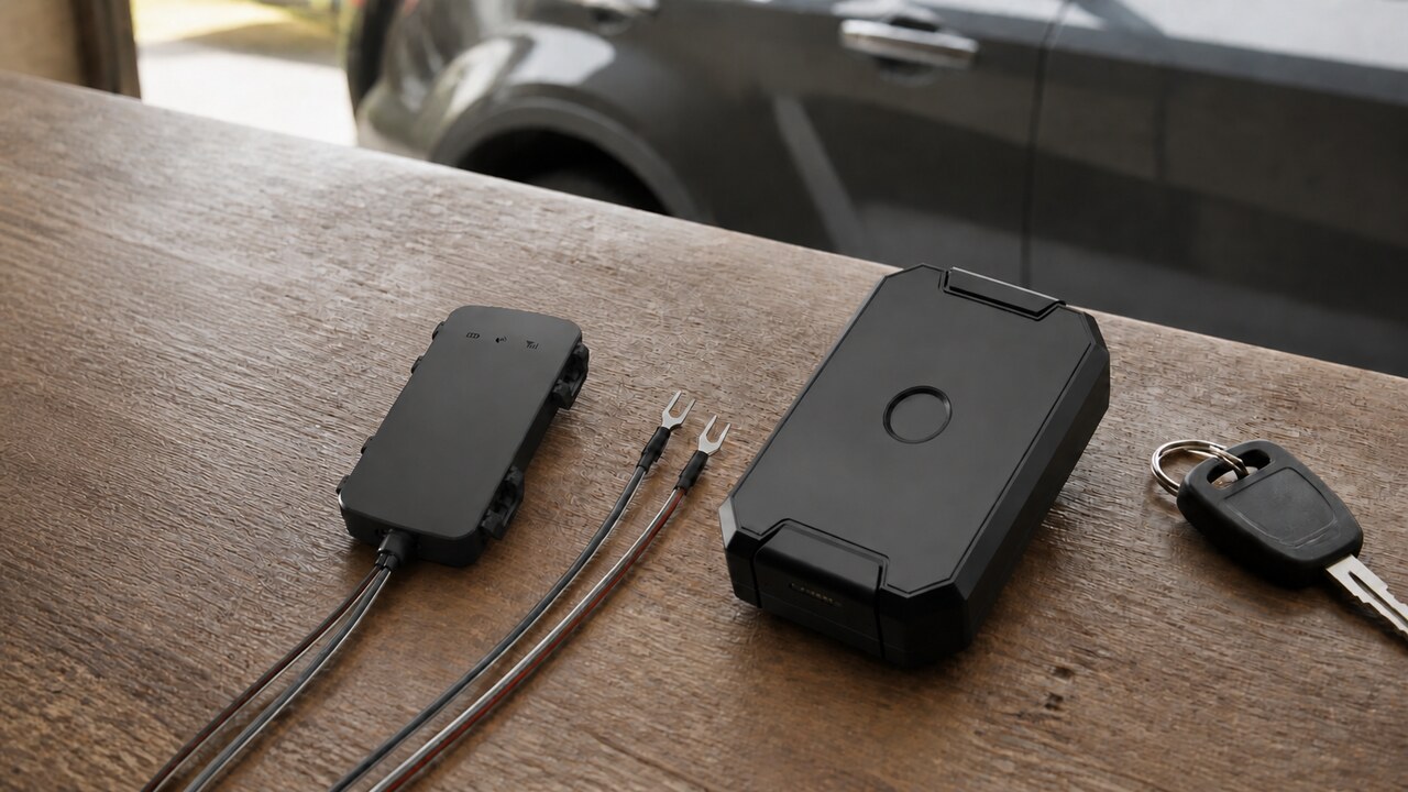 A wired GPS tracker and portable battery-powered tracker on a workbench beside a vehicle
